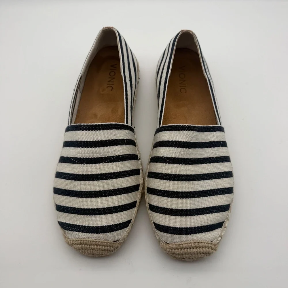 Vionic Valeri Navy White Striped Espadrille Flats Sz 9 Orthotic Comfort Nautical